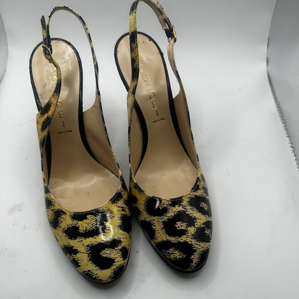 Casadei Patent Leopard Slingback Heels Patent Yellow Round Toe Women's 7.5